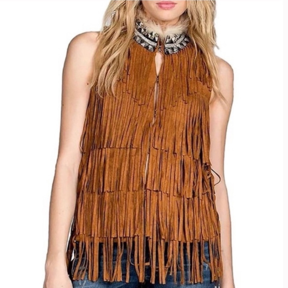 Fringe Suede faux fur & metallic bead collar vest Medium